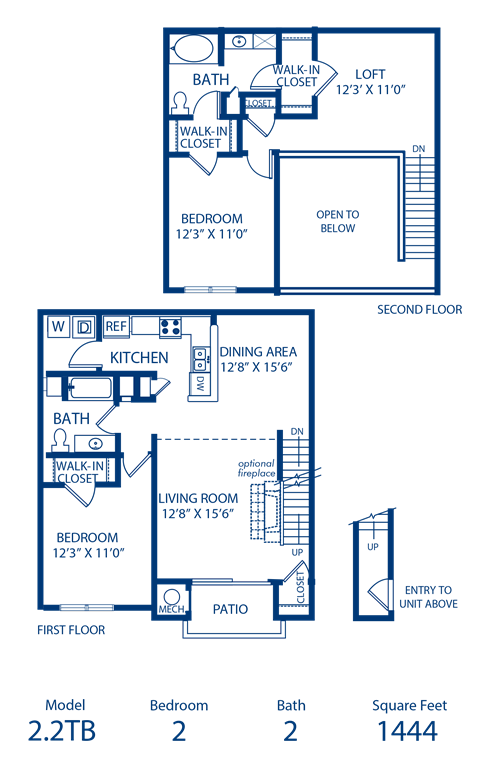 Floor plan for 2 beds, 2 baths, 1444 sqft